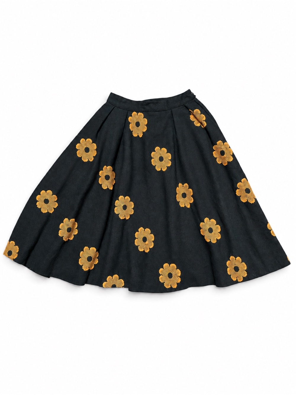 Vintage Black A-Line Skirt with Floral Embroidery